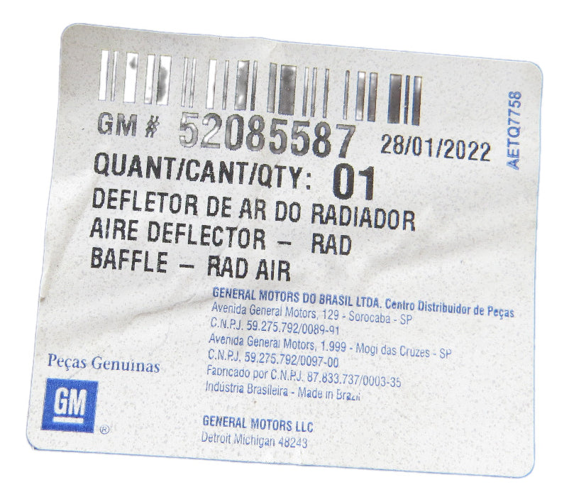 Defletor Superior Radiador Onix Prisma 2013/2019 Original GM 52085587