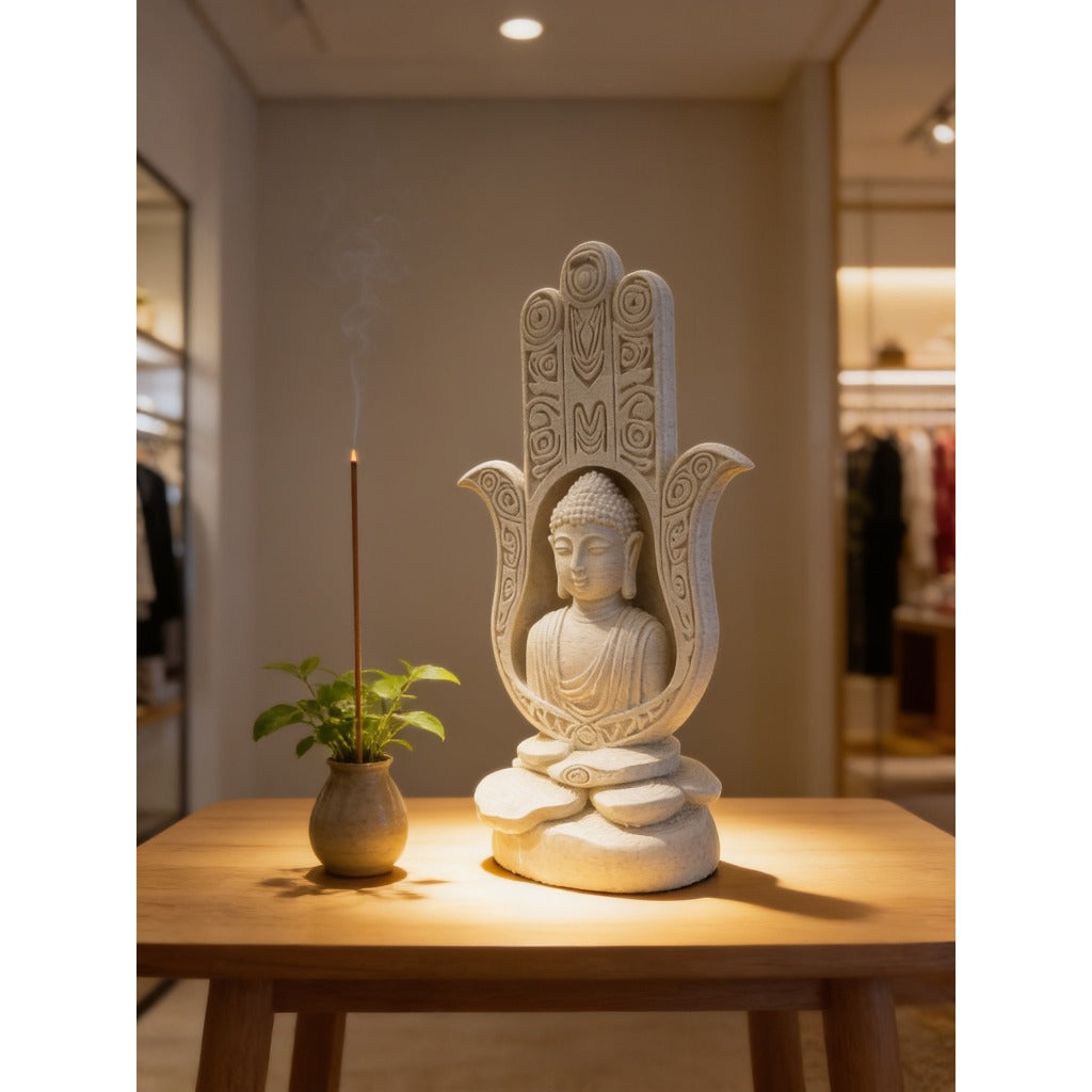 Mão de Fátima Hamsá Buda 18cm Escultura Decorativa Zen Feng Shui Efeito Mármore