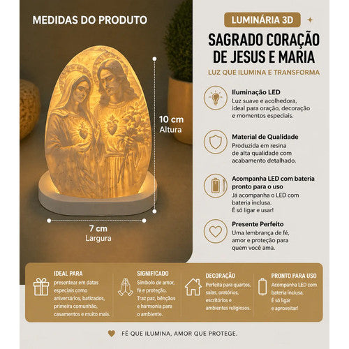 Luminária Sagrado Coração de Jesus e Maria 3d Led Luz Quente