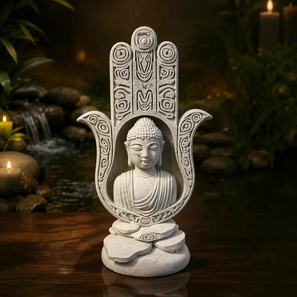 Mão de Fátima Hamsá Buda 18cm Escultura Decorativa Zen Feng Shui Efeito Mármore