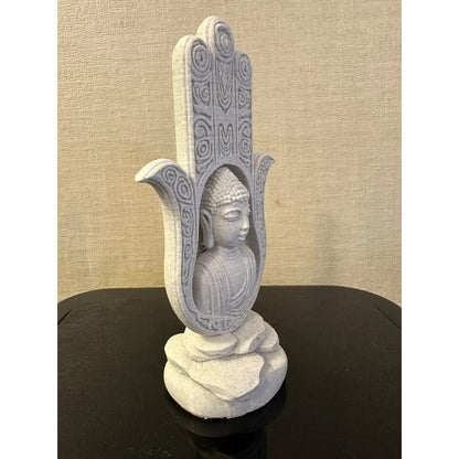 Mão de Fátima Hamsá Buda 18cm Escultura Decorativa Zen Feng Shui Efeito Mármore