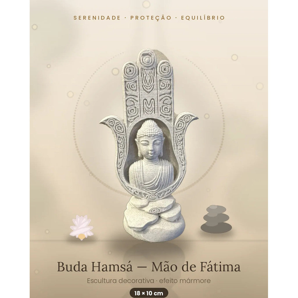 Mão de Fátima Hamsá Buda 18cm Escultura Decorativa Zen Feng Shui Efeito Mármore