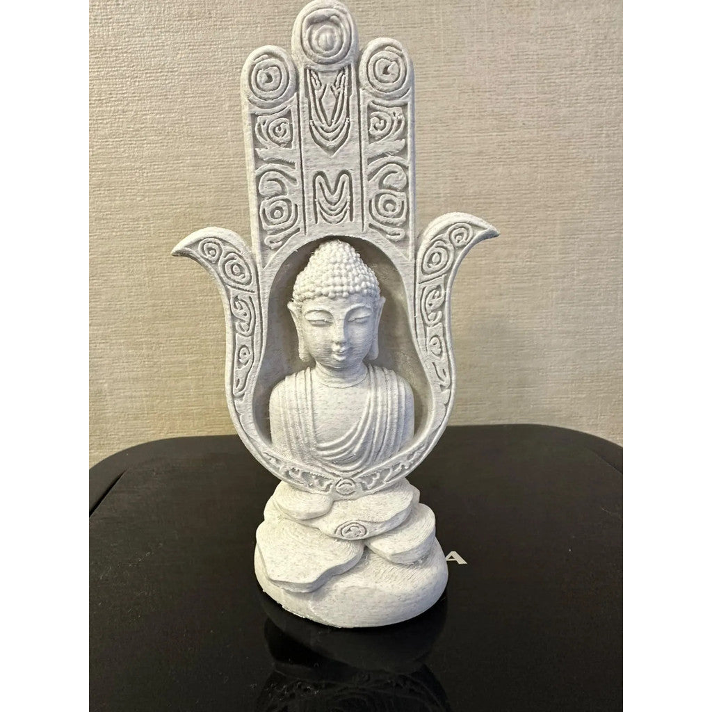 Mão de Fátima Hamsá Buda 18cm Escultura Decorativa Zen Feng Shui Efeito Mármore