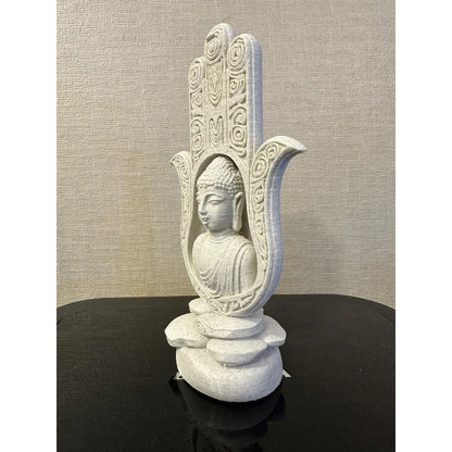 Mão de Fátima Hamsá Buda 18cm Escultura Decorativa Zen Feng Shui Efeito Mármore